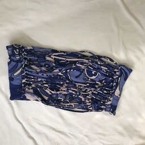 Blue and white paisley bandeau swim top